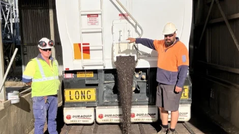 First 2024.25 delivery to Roseworthy_Viterra employee, Richard Grilk with grower, Justin McCabe.jpeg