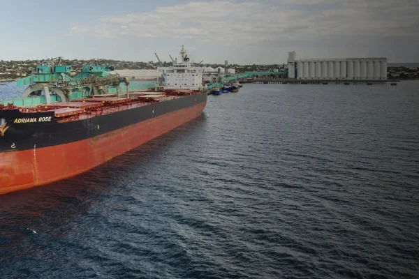 Cargo ship in port, ready to be loaded with agricultural products