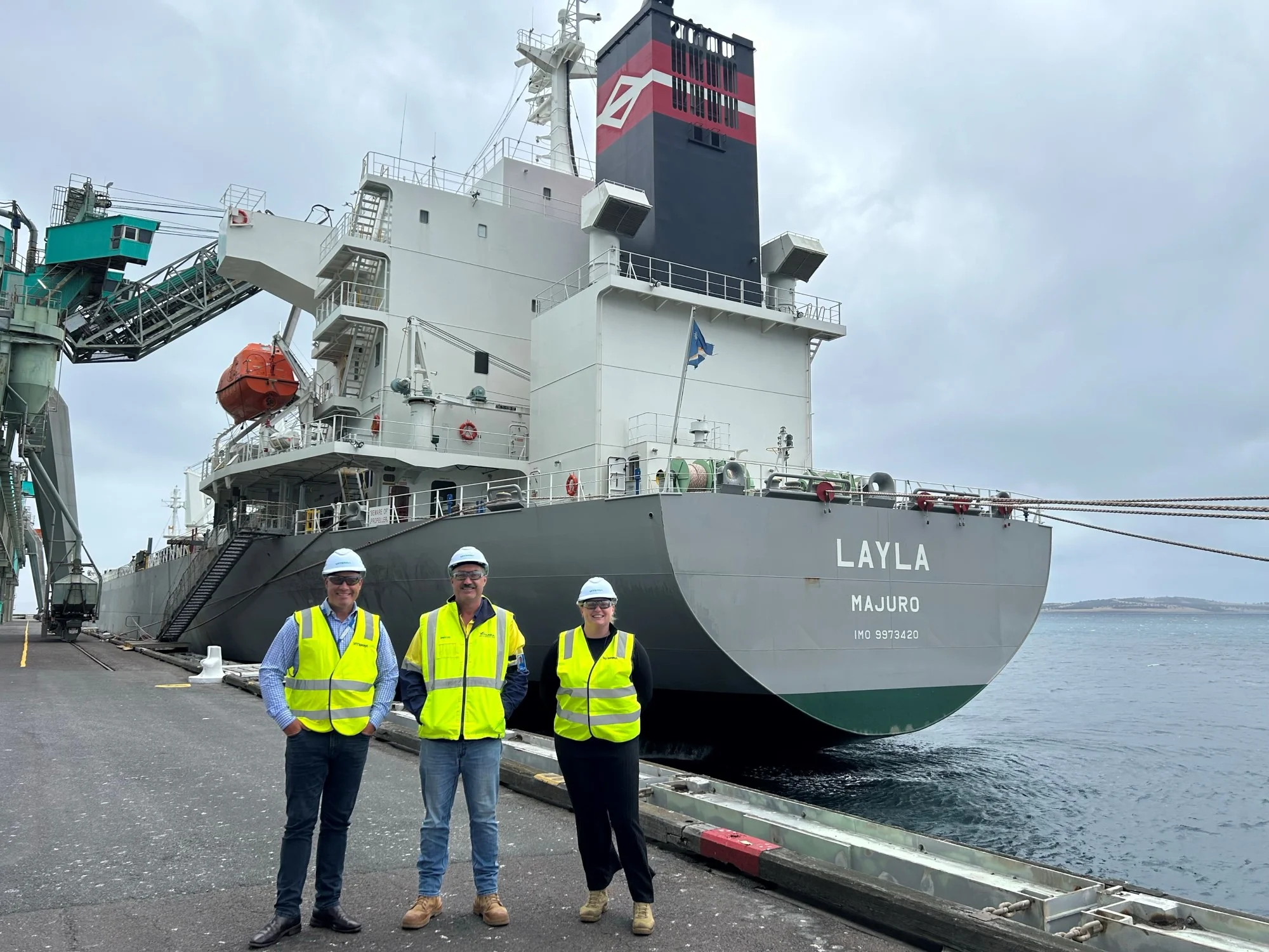 Viterra first vessel 2024.25 harvest. Viterra employees Nick Pratt, Brenton Bascombe and Marlee Anderson_web.jpg